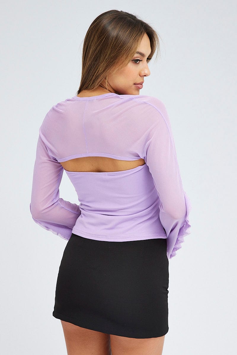 Purple Shrug Set Long Sleeve Frills Mesh for Ally Fashion