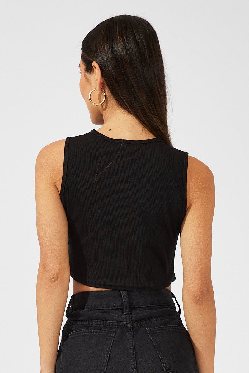 Black Graphic Top Sleeveless Tie up for Ally Fashion