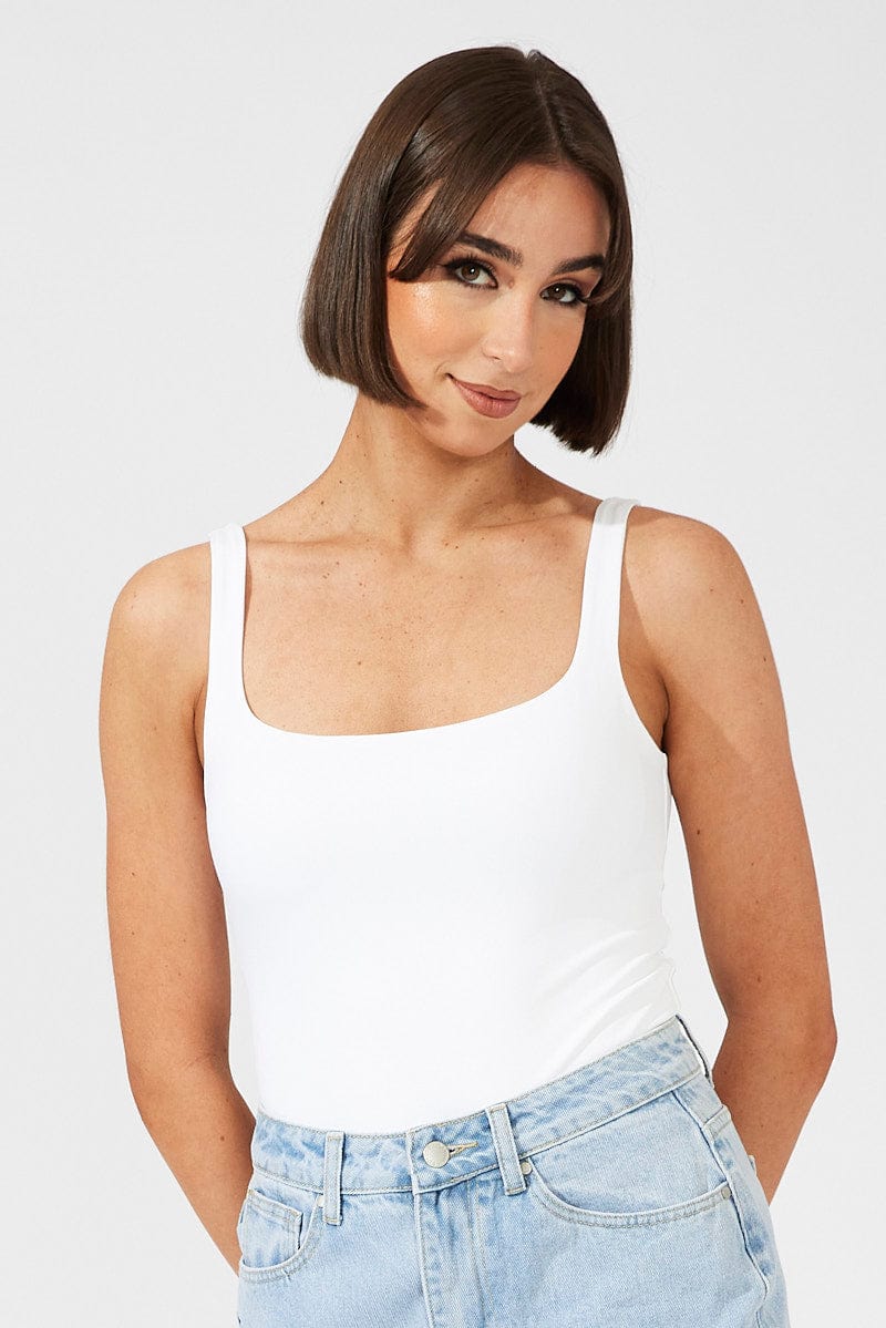 White Supersoft Bodysuit Sleeveless Square-Cut Neck for Ally Fashion