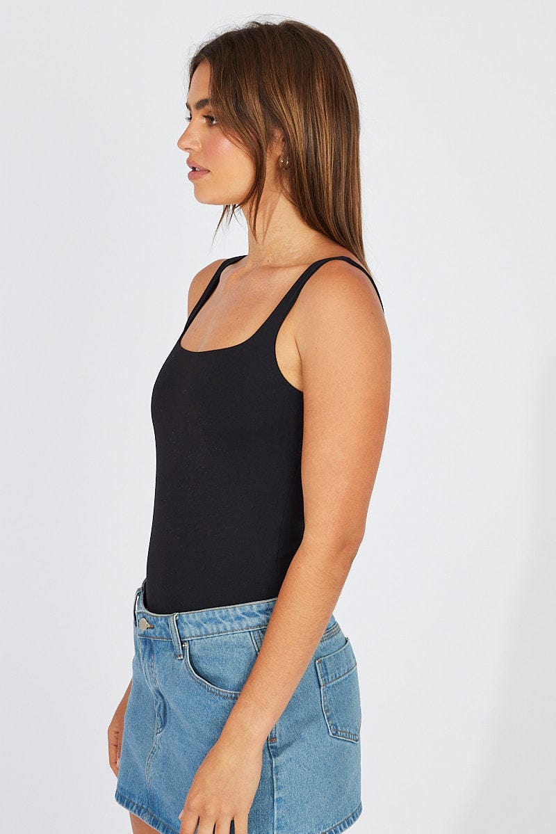 Black Supersoft Bodysuit Sleeveless Square-Cut Neck for Ally Fashion