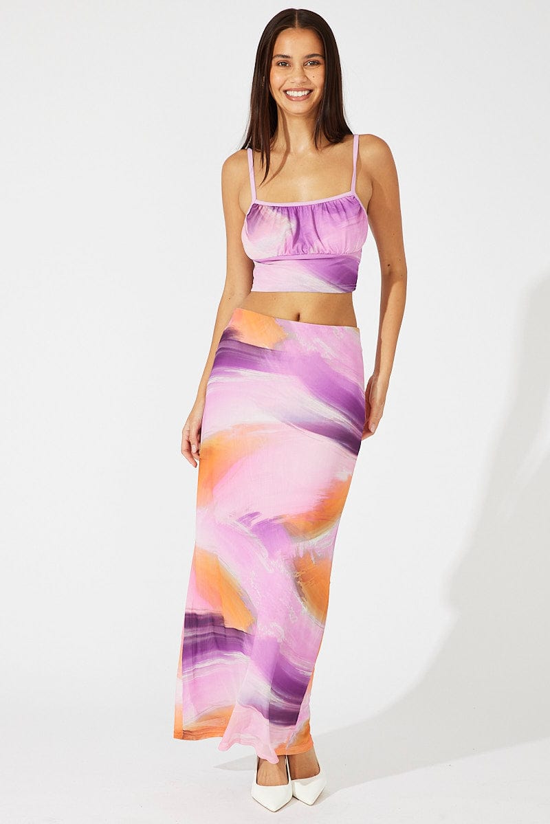 Pink Abstract Singlet Cami Crop Mesh Printed for Ally Fashion