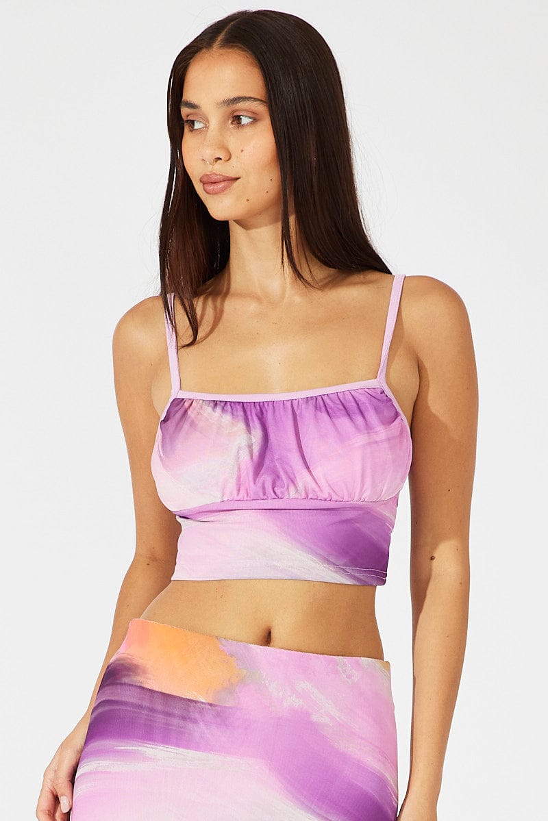 Pink Abstract Singlet Cami Crop Mesh Printed for Ally Fashion