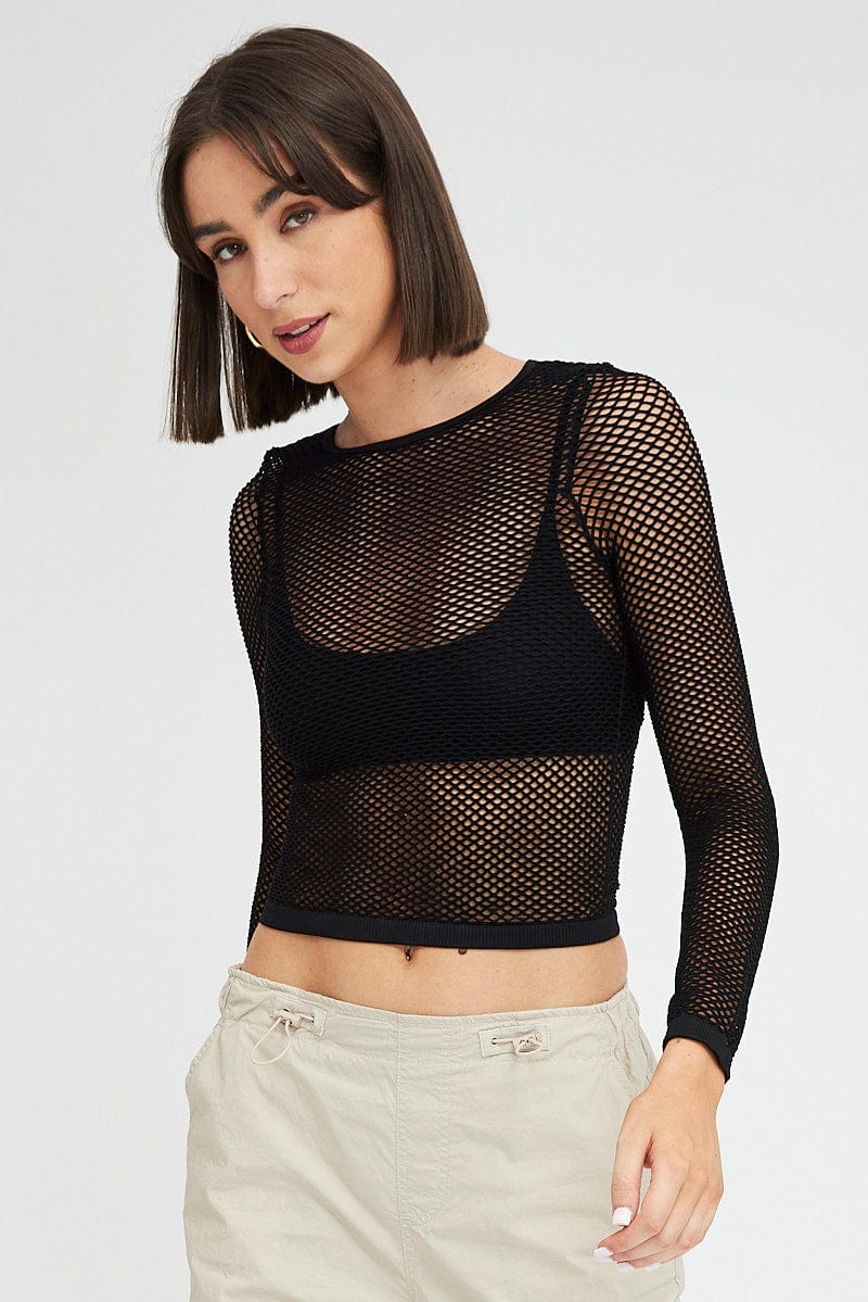 Black Fishnet Top Long Sleeve for Ally Fashion