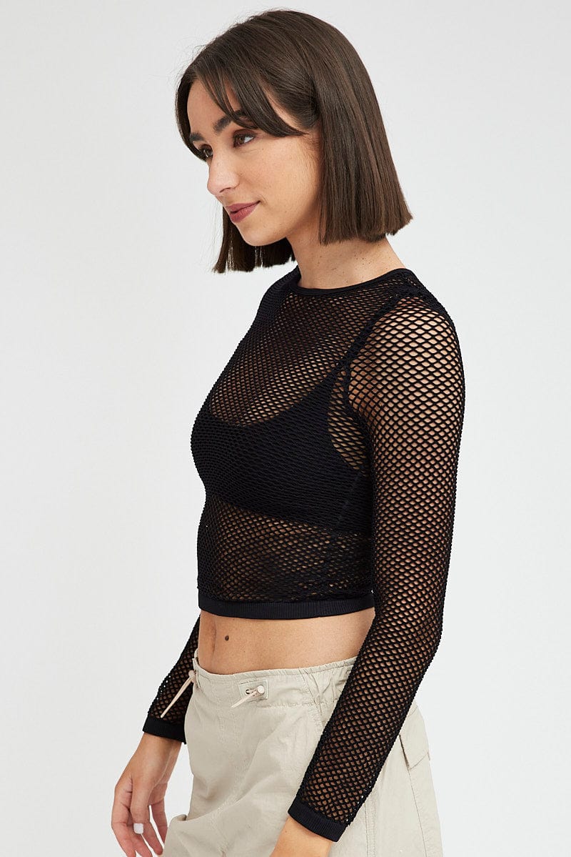 Black Fishnet Top Long Sleeve for Ally Fashion
