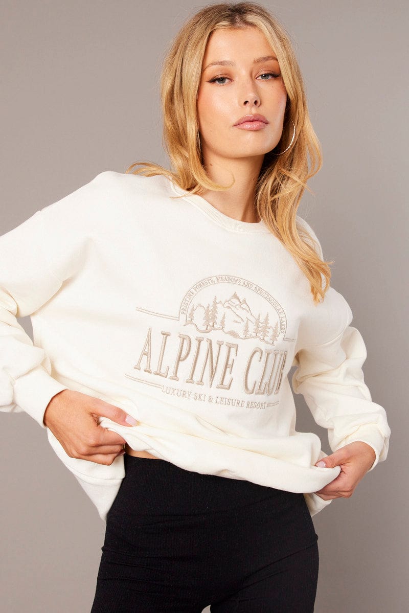 White Graphic Sweater Long Sleeve for Ally Fashion