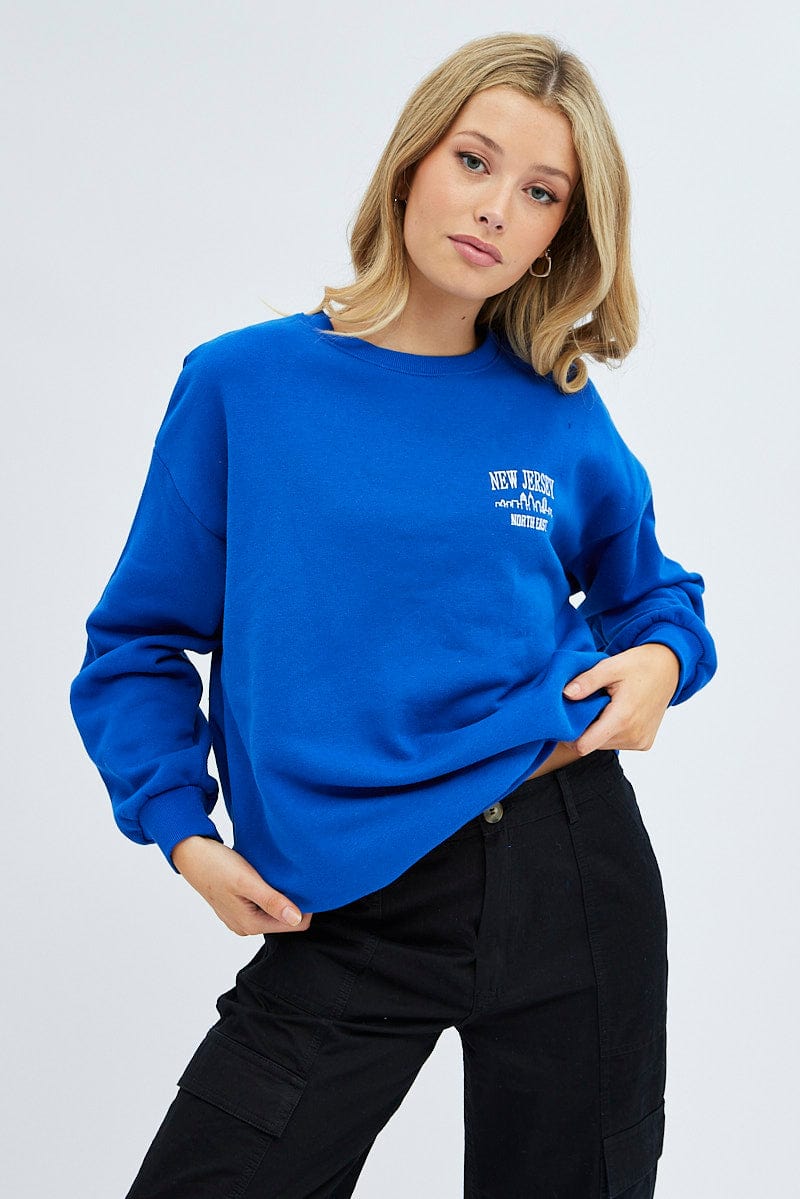 Blue Graphic Sweater Long Sleeve Slightly Stretch for Ally Fashion