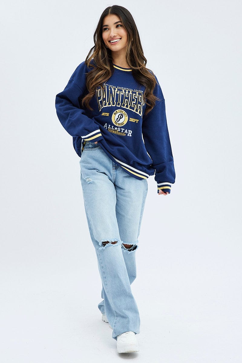 Blue Graphic Navy Sweater Long Sleeve | Ally Fashion