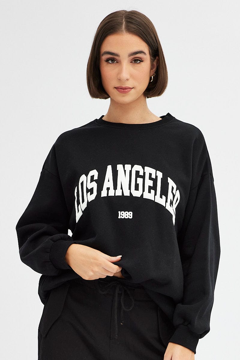 Black Graphic Sweater Long Sleeves for Ally Fashion