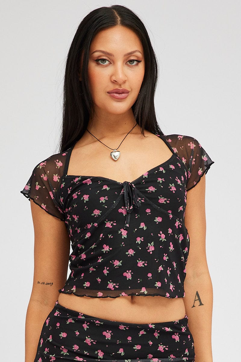 Black Ditsy Mesh Top Short Sleeve for Ally Fashion