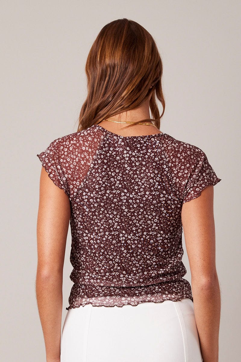 Brown Ditsy Mesh Top Short Sleeve for Ally Fashion