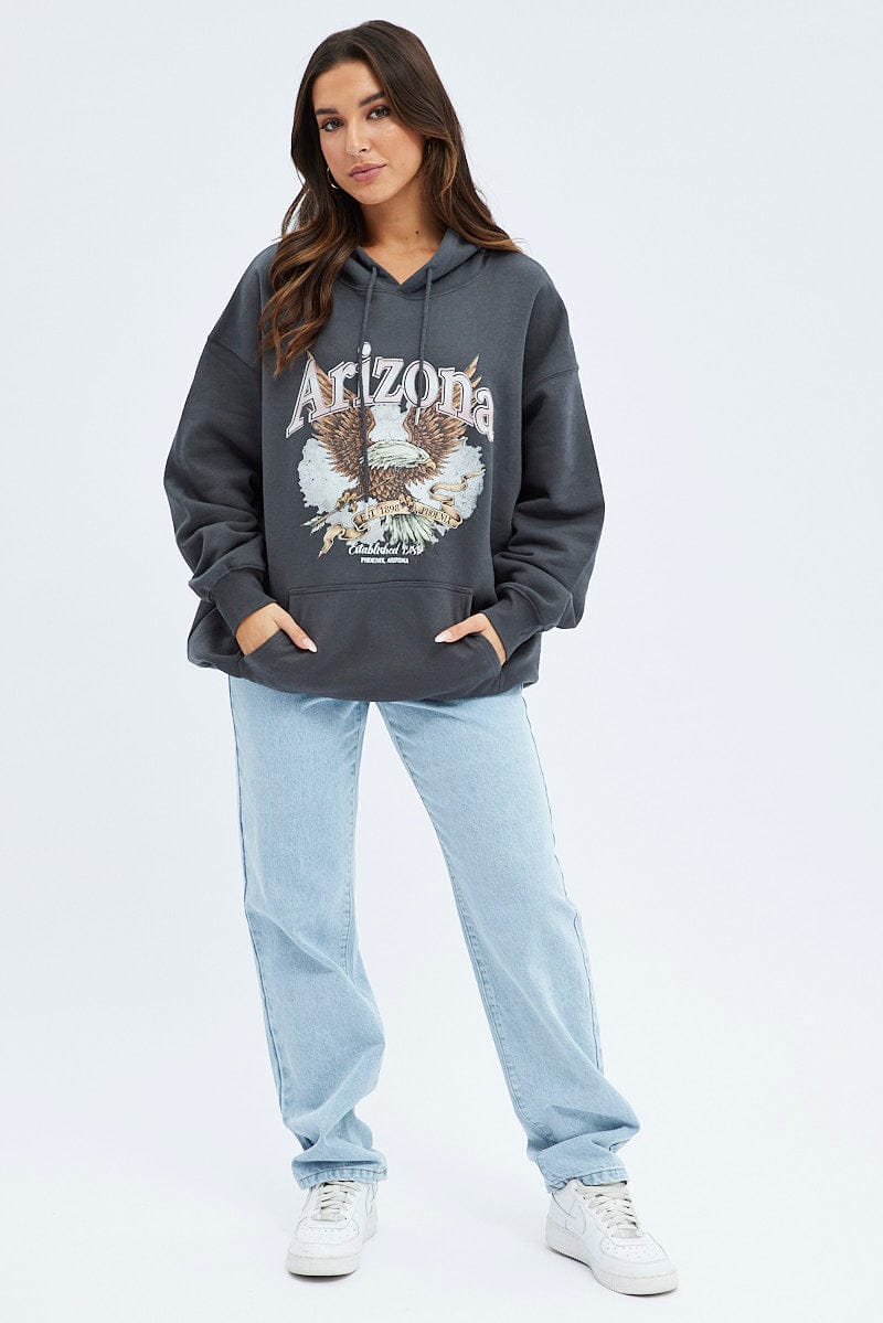 Grey Hoodie Long Sleeve Graphic Print | Ally Fashion
