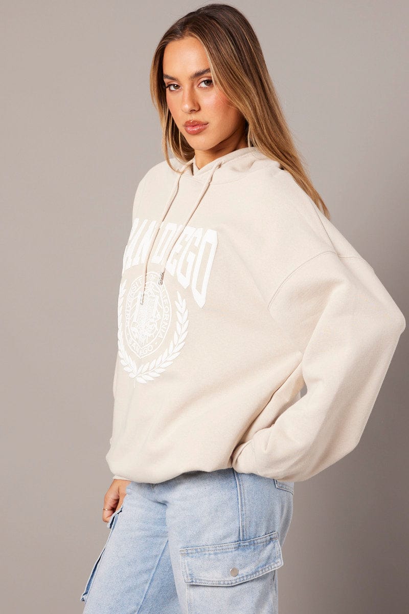 Beige Graphic Hoodie Sweater Long Sleeve for Ally Fashion