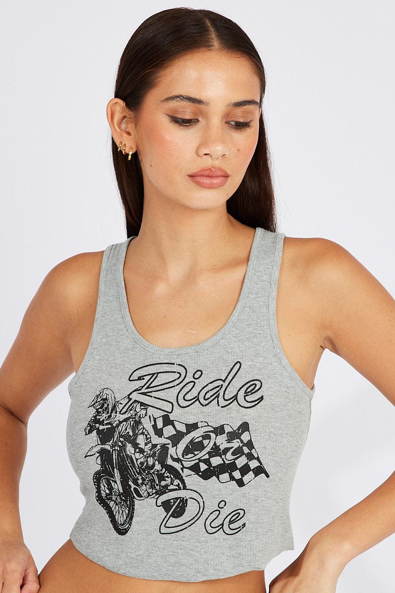 Grey Graphic Tank Sleeveless Rib for Ally Fashion