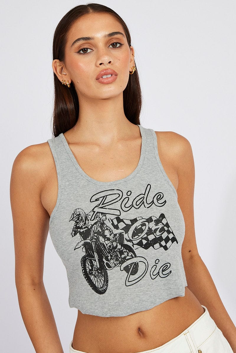 Grey Graphic Tank Sleeveless Rib for Ally Fashion