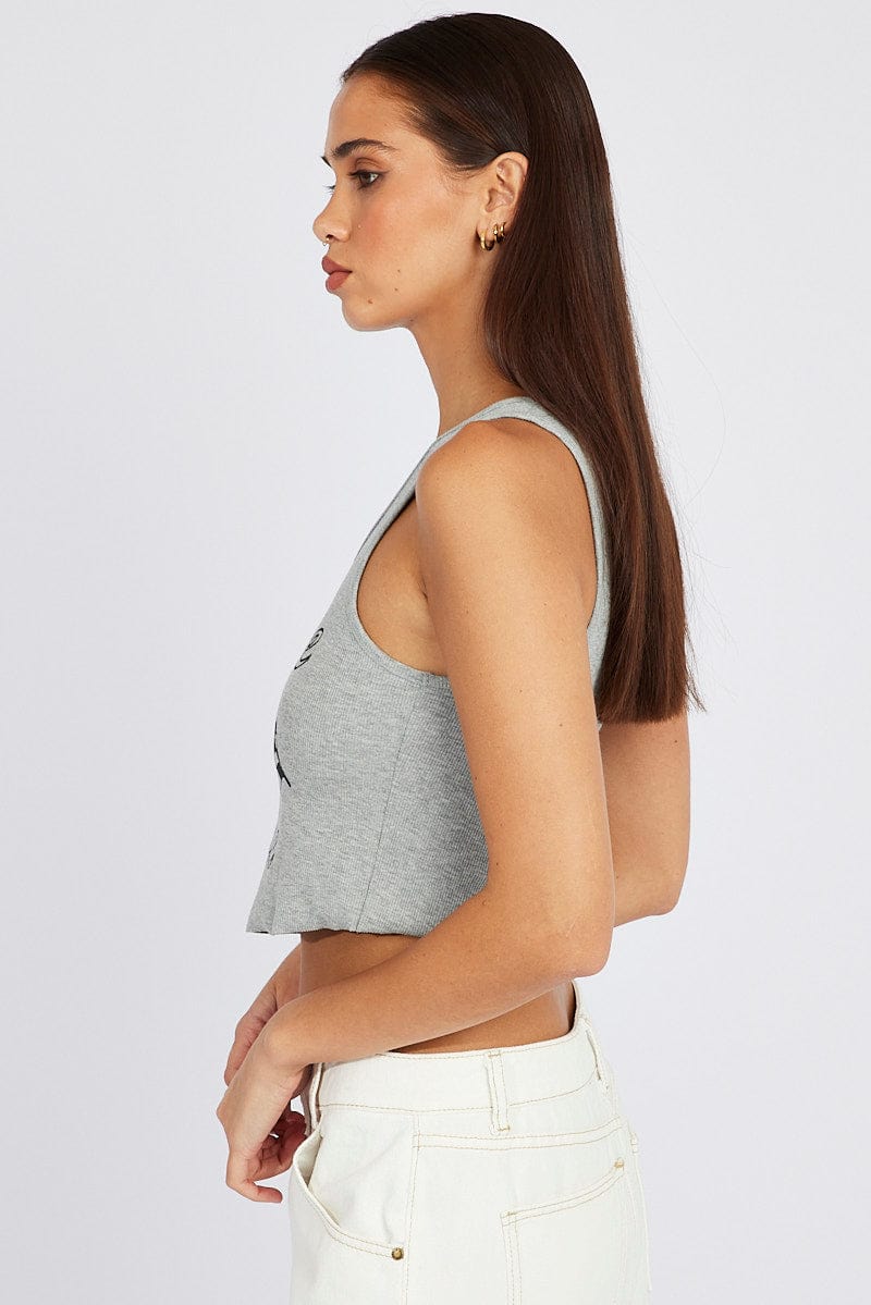 Grey Graphic Tank Sleeveless Rib for Ally Fashion