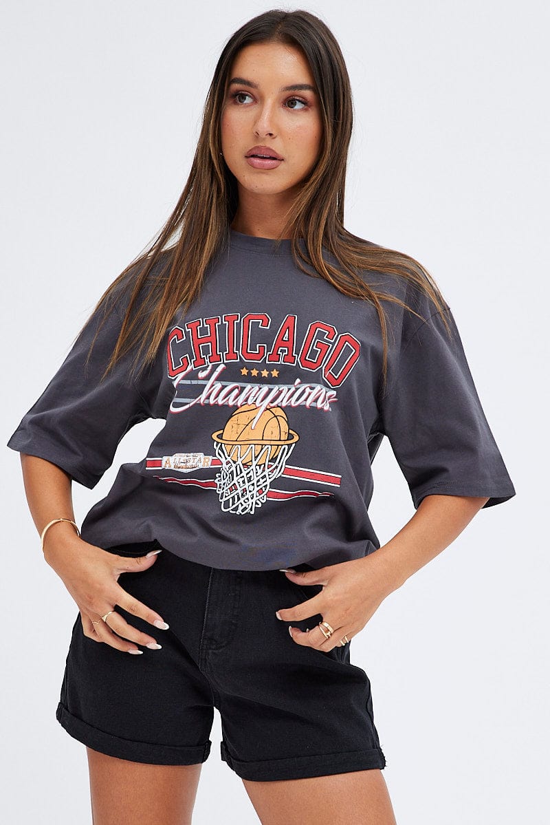 Grey T Shirt Short Sleeve Crew Neck Chicago Cotton for Ally Fashion