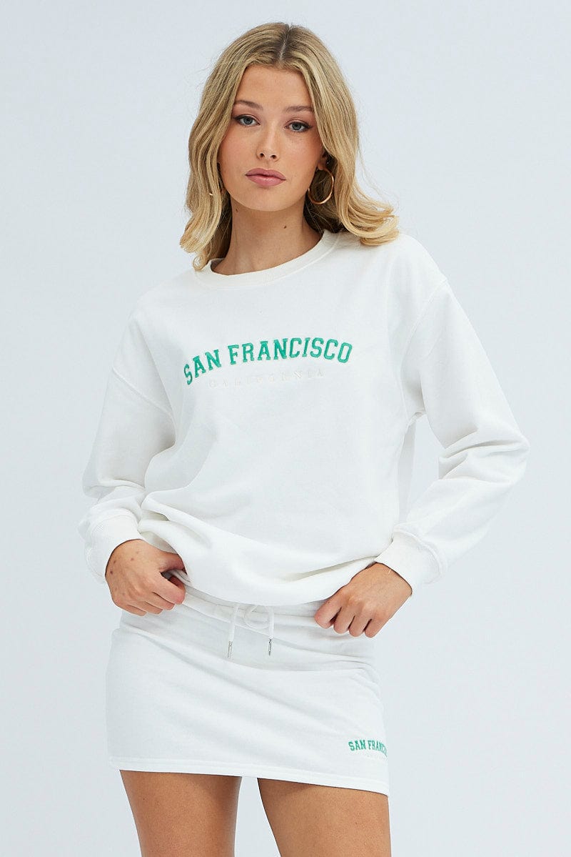 White Sweat Shirt Long Sleeve Crew Neck San Francisco for Ally Fashion