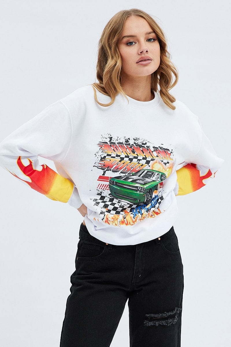 White Graphic Sweat Long Sleeve Crew Neck Racing for Ally Fashion