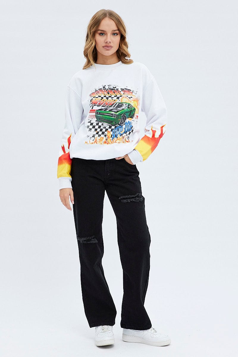 White Graphic Sweat Long Sleeve Crew Neck Racing for Ally Fashion