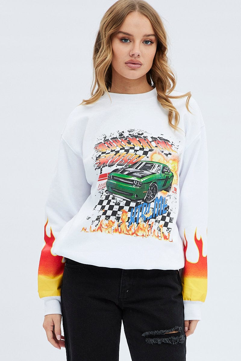 White Graphic Sweat Long Sleeve Crew Neck Racing for Ally Fashion