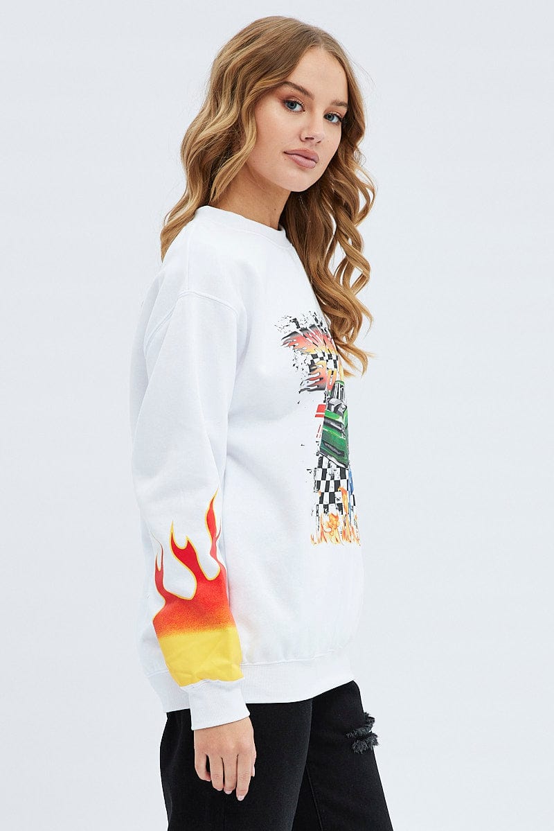 White Graphic Sweat Long Sleeve Crew Neck Racing for Ally Fashion