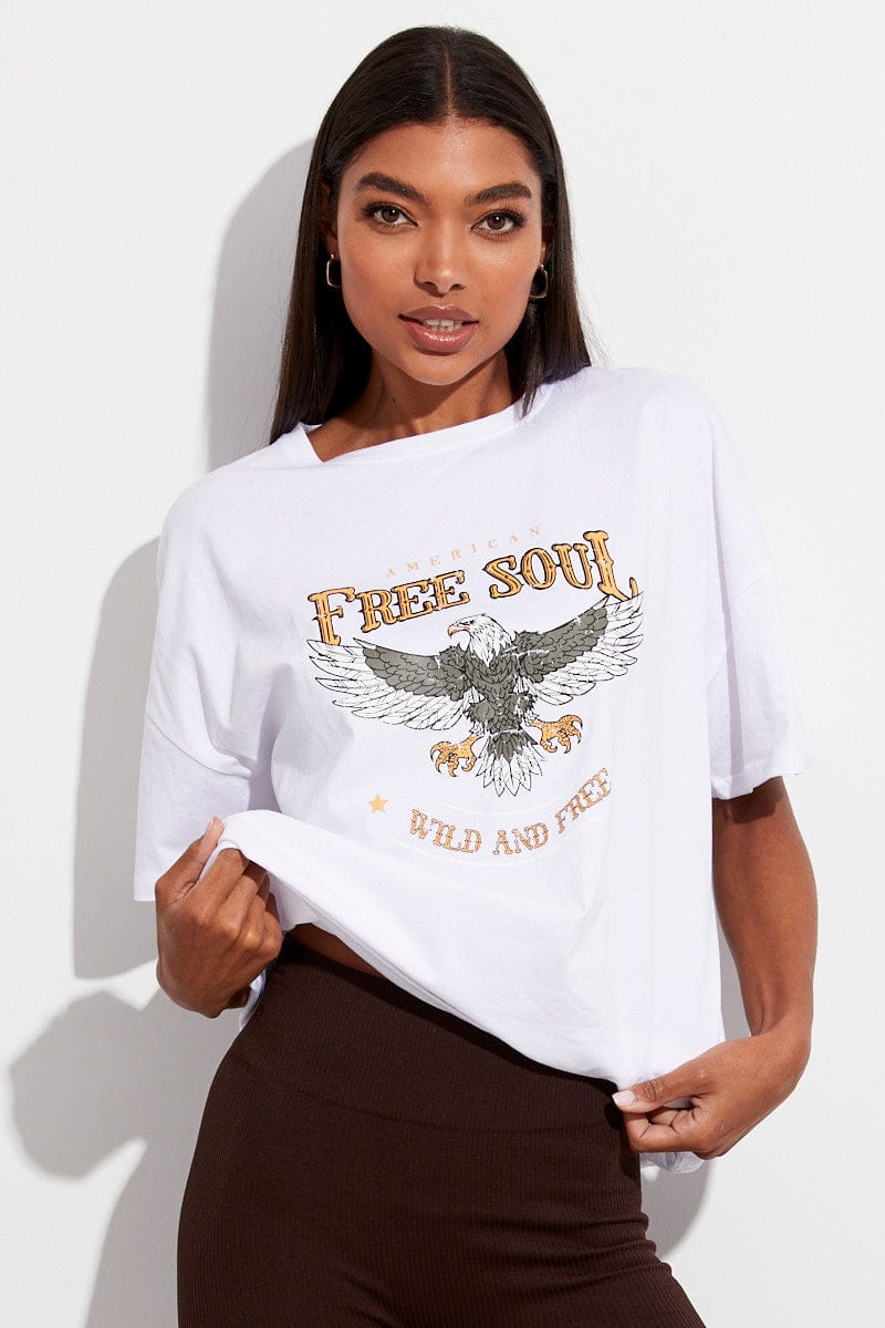 White T Shirt Crew Neck Short Sleeve Longline Eagle for Ally Fashion