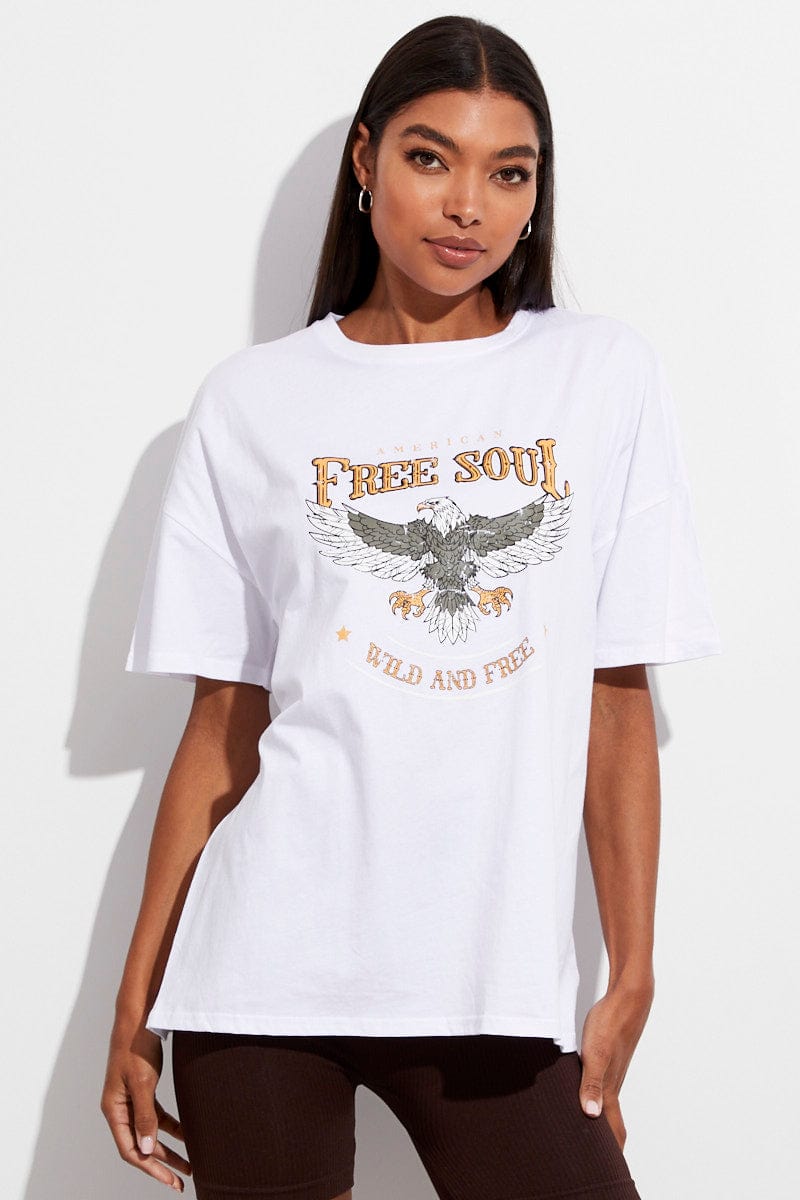 White T Shirt Crew Neck Short Sleeve Longline Eagle for Ally Fashion