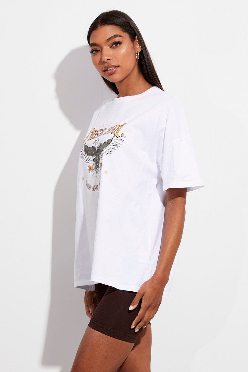 White T Shirt Crew Neck Short Sleeve Longline Eagle for Ally Fashion