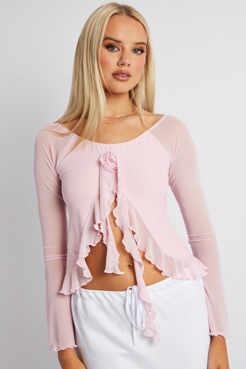 Pink Off Shoulder Top Long Sleeve for Ally Fashion