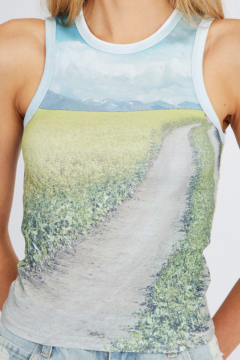 Multi Print Crop Tank Sleeveless Crew Neck for Ally Fashion