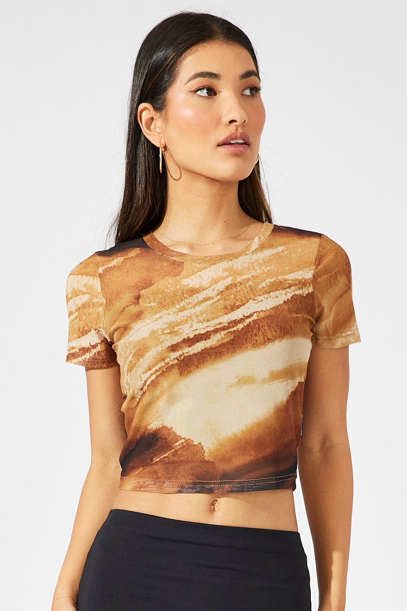 Brown Abstract Top Short Sleeve for Ally Fashion