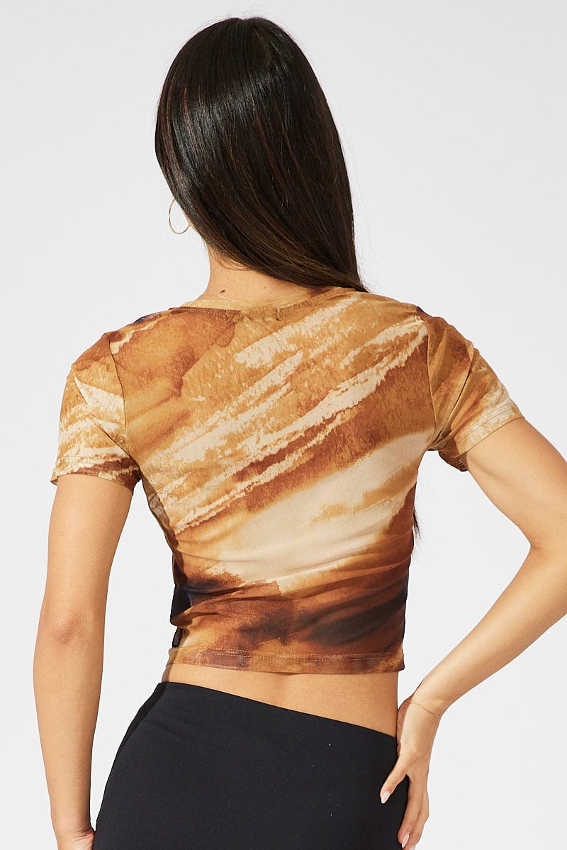 Brown Abstract Top Short Sleeve for Ally Fashion