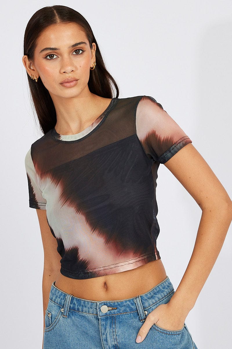 Brown Abstract Top Short Sleeve for Ally Fashion