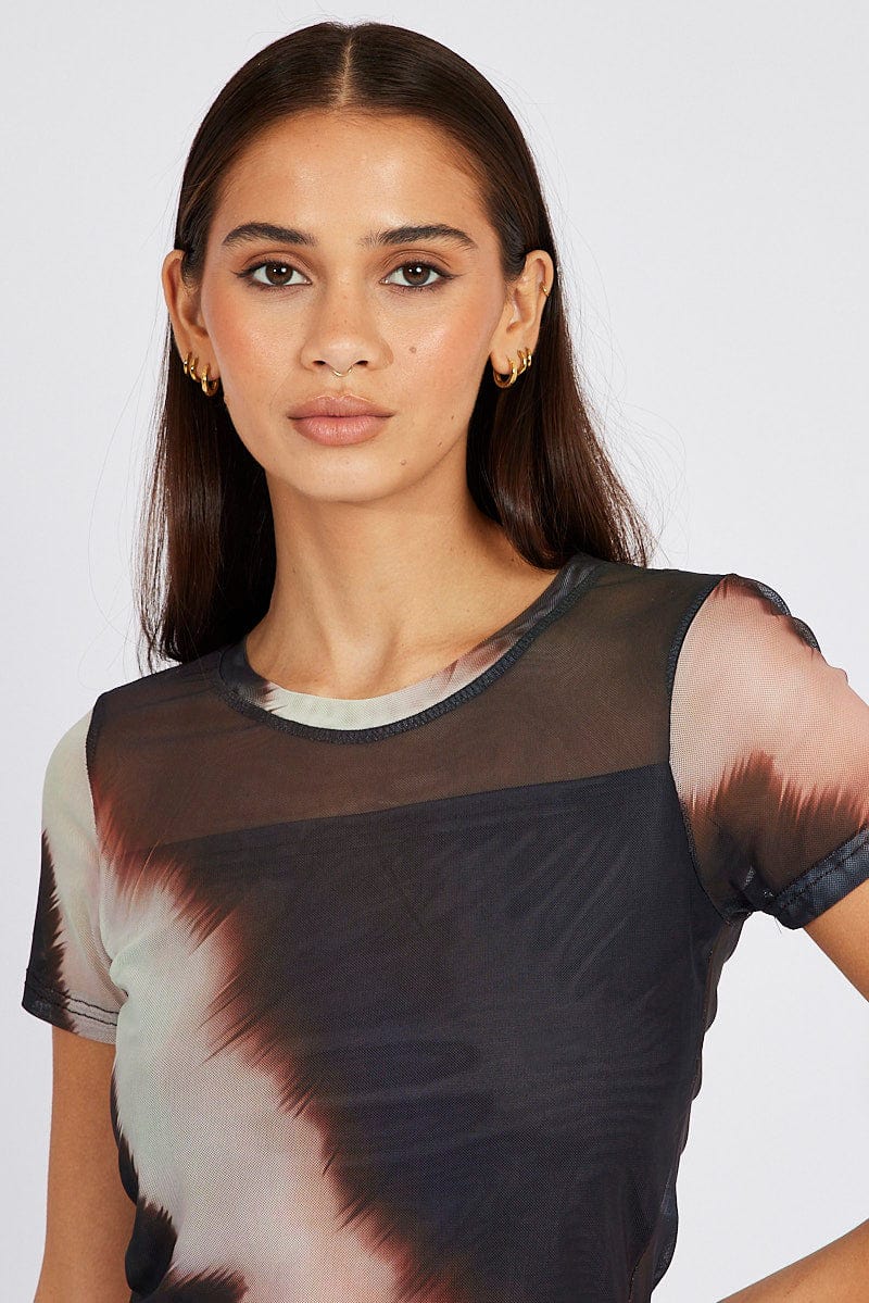 Brown Abstract Top Short Sleeve for Ally Fashion