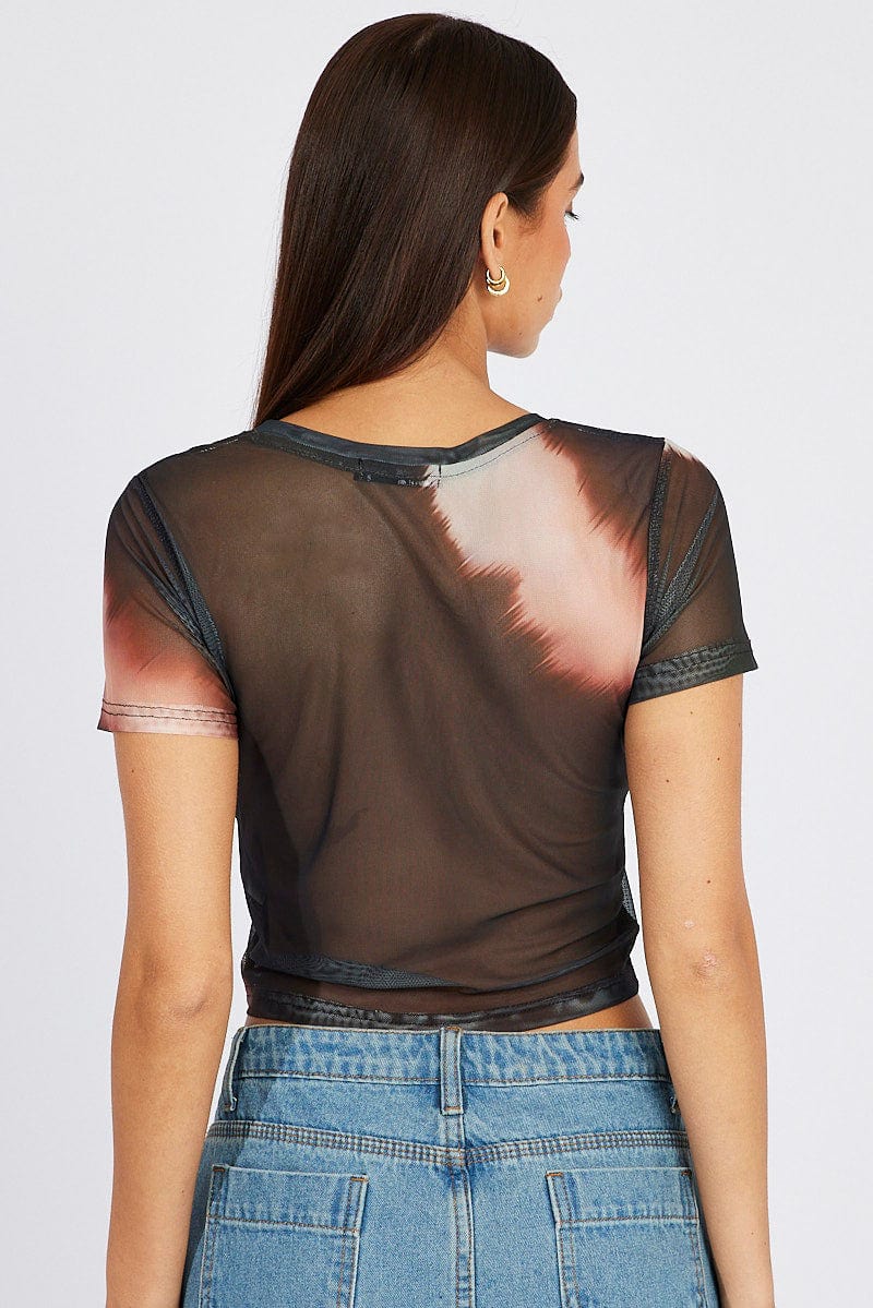 Brown Abstract Top Short Sleeve for Ally Fashion