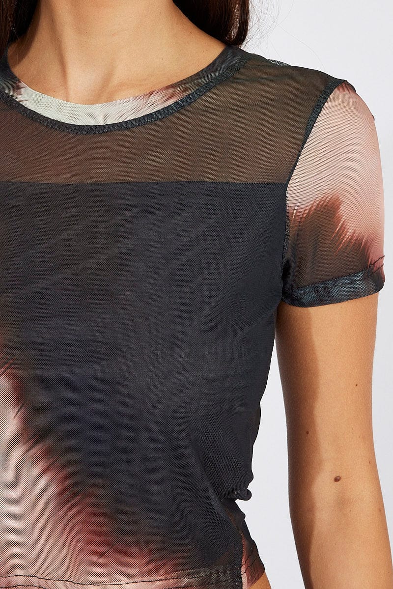 Brown Abstract Top Short Sleeve for Ally Fashion