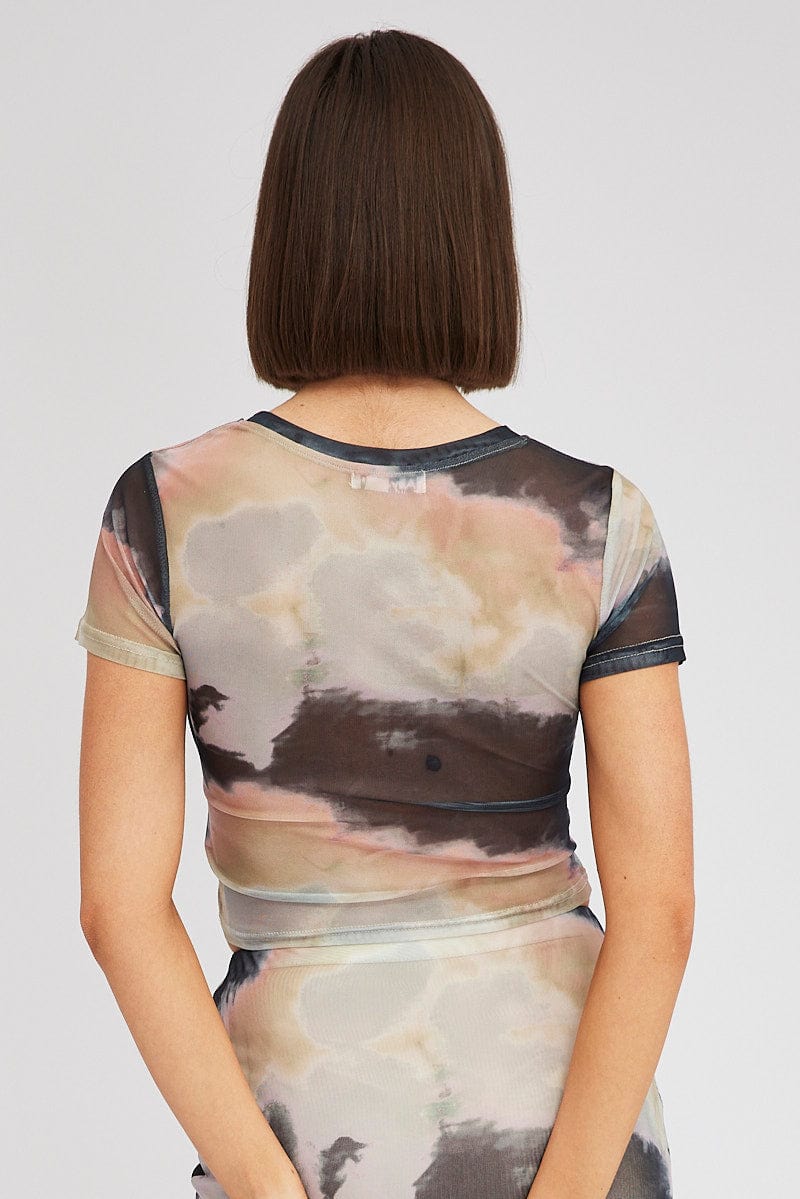 Brown Abstract Top Short Sleeve for Ally Fashion