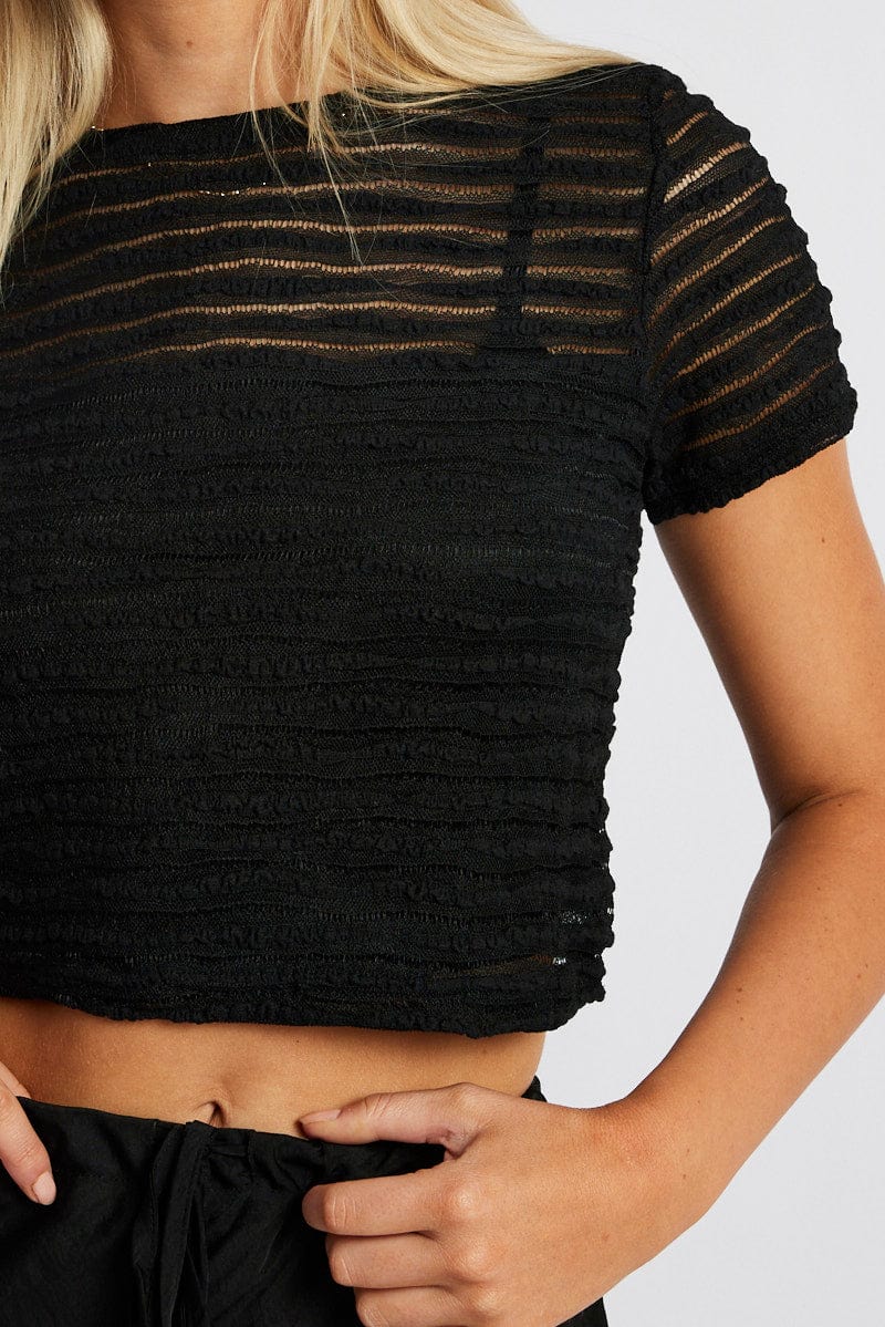 Black Crop Top Short Sleeve Textured for Ally Fashion