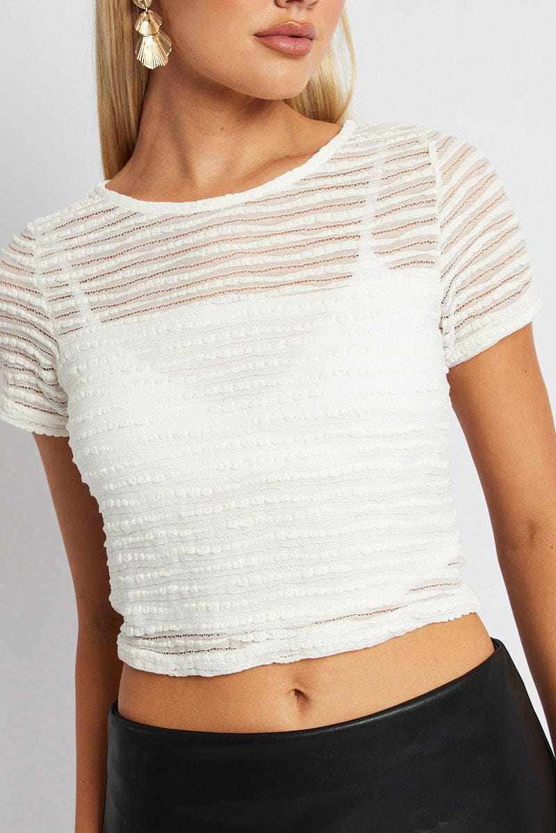 White Crop Top Short Sleeve Textured for Ally Fashion