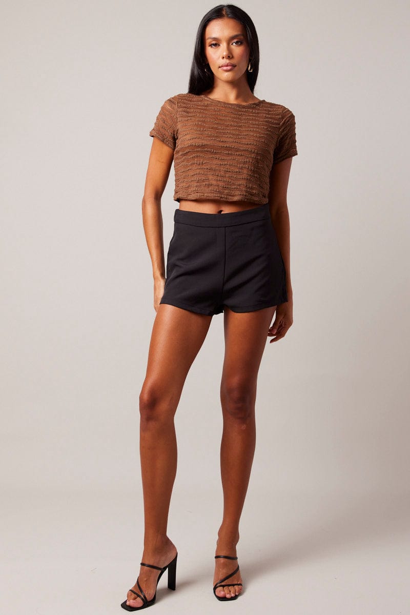 Brown Crop Top Short Sleeve Textured for Ally Fashion