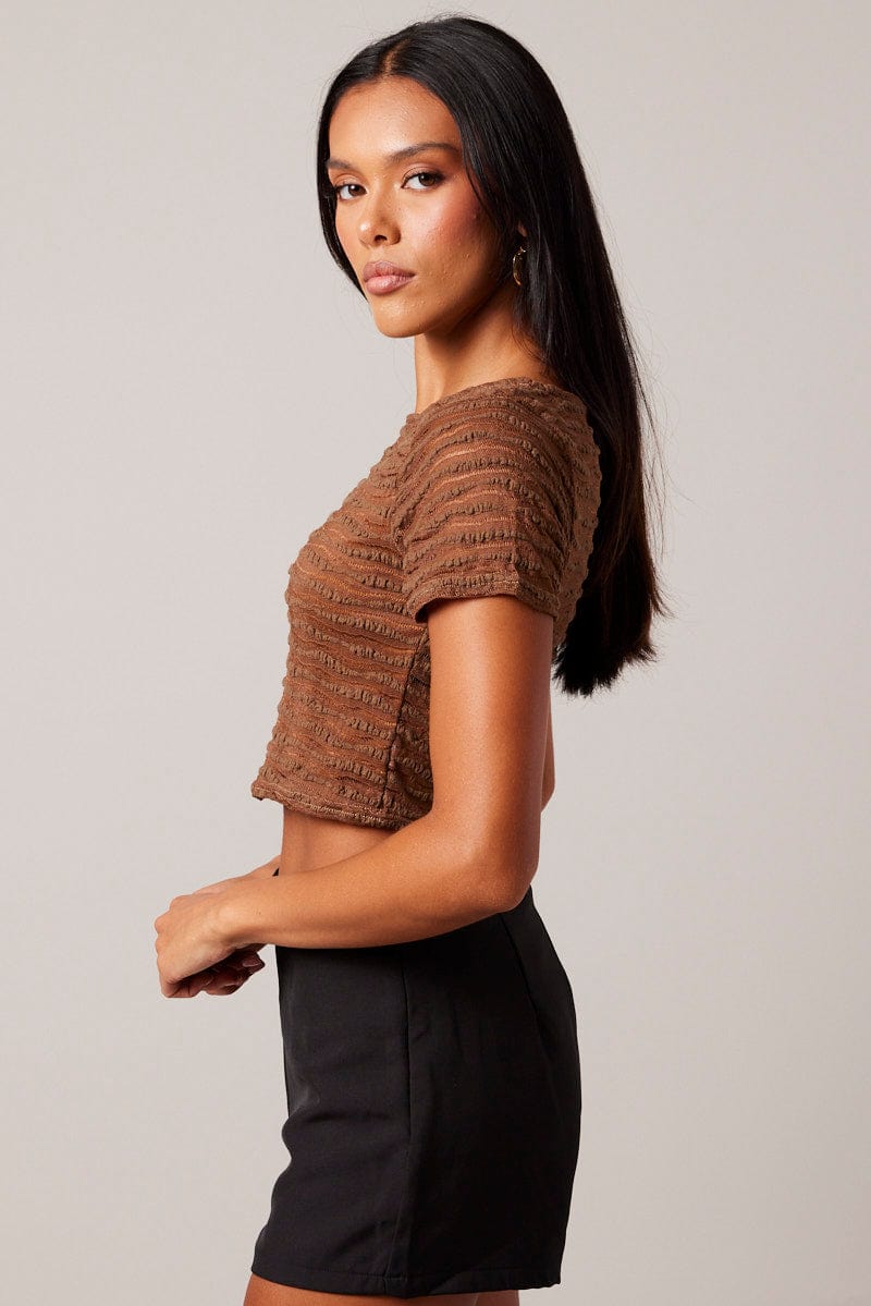 Brown Crop Top Short Sleeve Textured for Ally Fashion