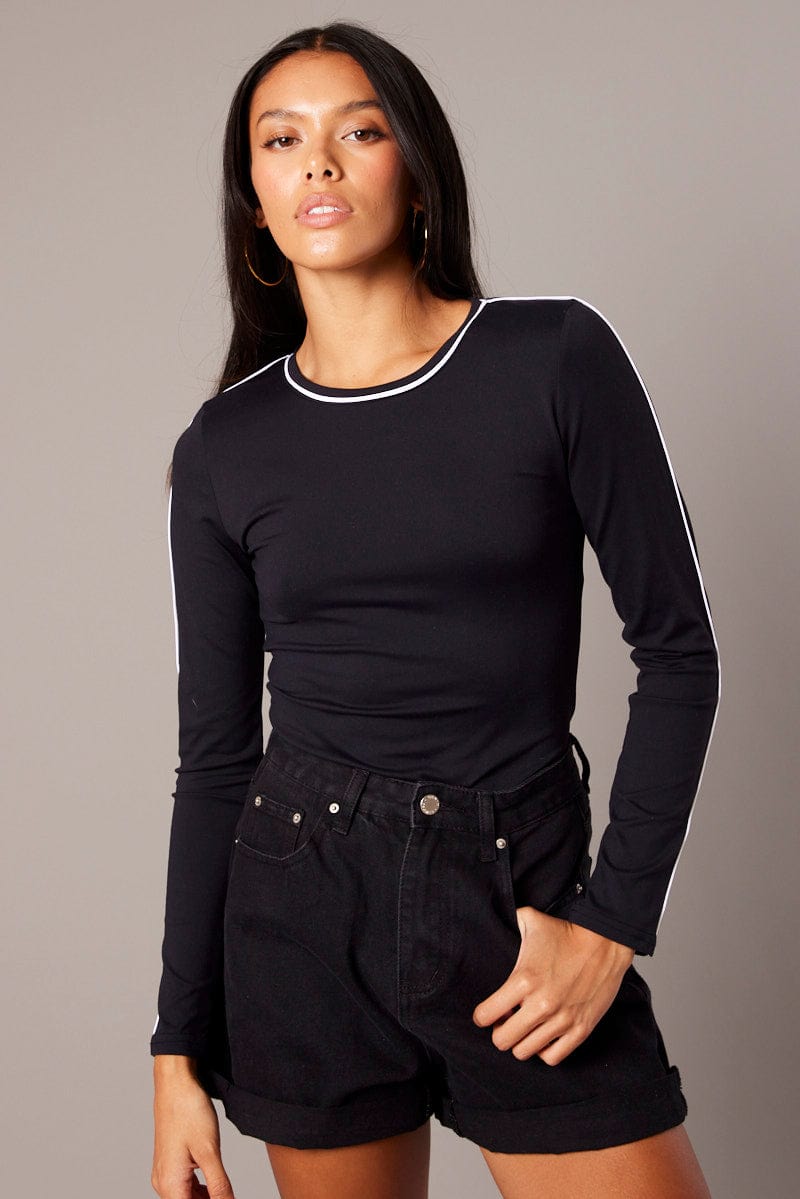 Black Contrast Tipped Top Long Sleeve Supersoft for Ally Fashion