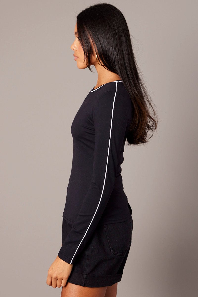 Black Contrast Tipped Top Long Sleeve Supersoft for Ally Fashion