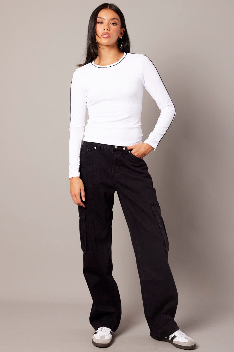 White Contrast Tipped Top Long Sleeve Supersoft for Ally Fashion