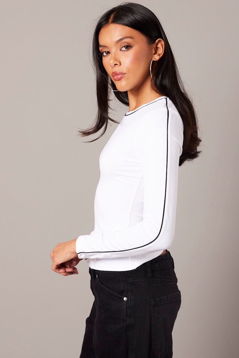 White Contrast Tipped Top Long Sleeve Supersoft for Ally Fashion