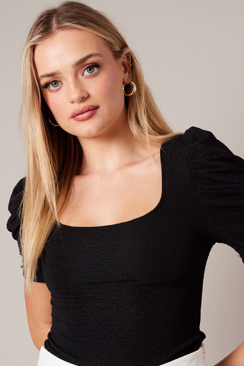 Black Bodysuit Short Sleeve Textured for Ally Fashion