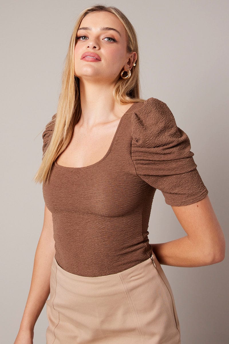 Brown Bodysuit Short Sleeve Textured for Ally Fashion