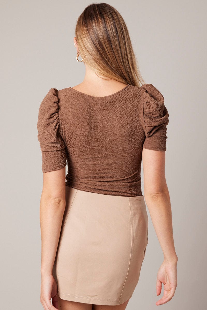 Brown Bodysuit Short Sleeve Textured for Ally Fashion