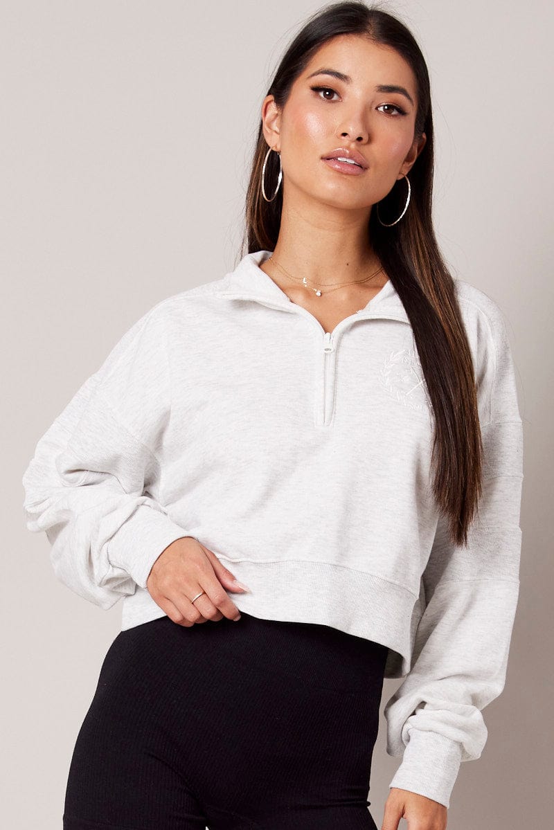 Grey Zip Up Sweater Crop Long Sleeve High Neck for Ally Fashion