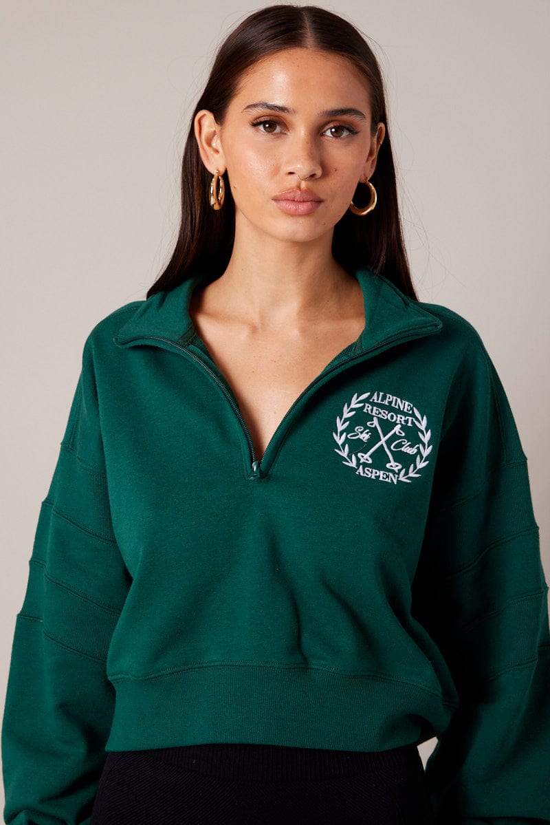 Green Zip Up Sweater Crop Long Sleeve High Neck for Ally Fashion